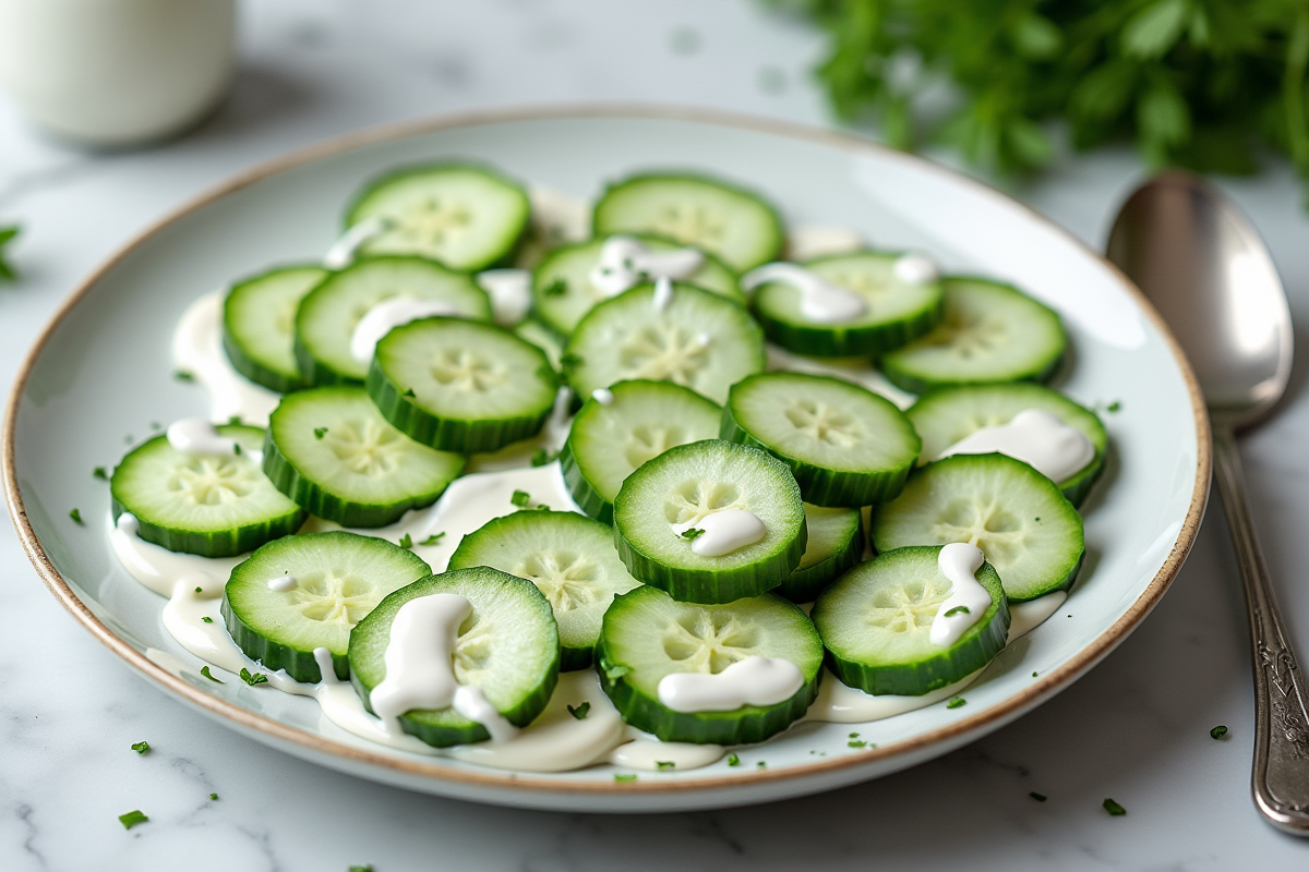 Tranches de concombre avec sauce dans une assiette vintage