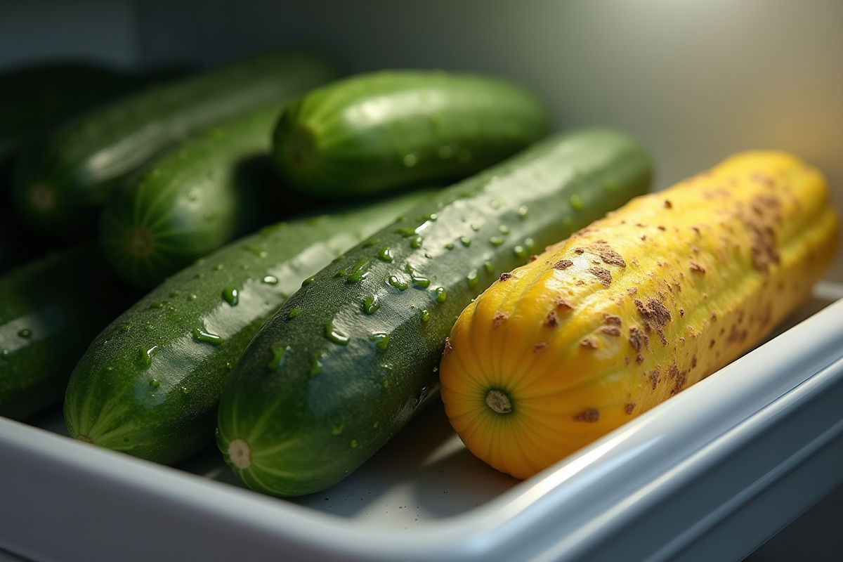 Concombres frais et pourris dans un tiroir de réfrigérateur