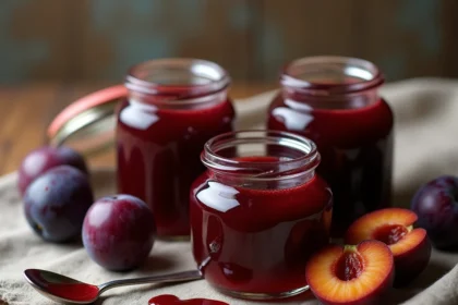 Pots de confiture aux prunes au goût caramélisé sur une table en bois rustique entourés de prunes fraîches