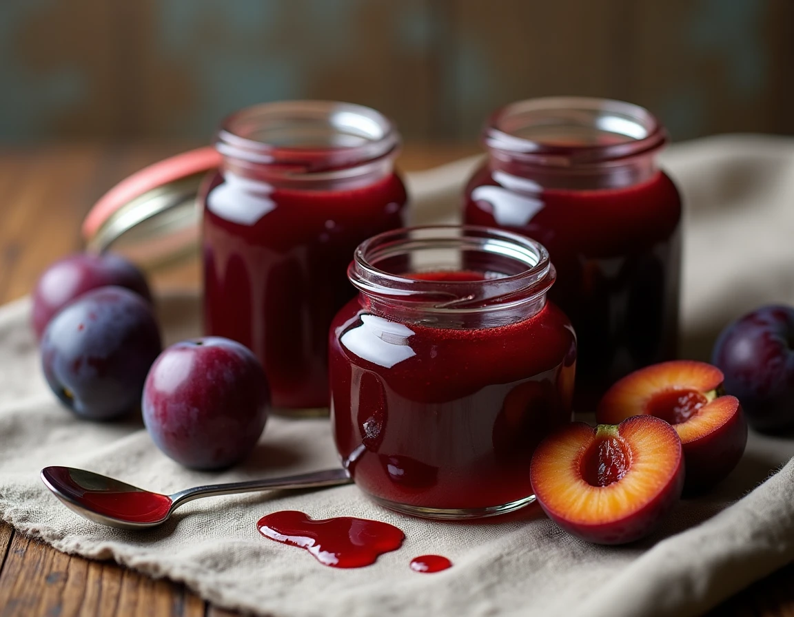 Pots de confiture aux prunes au goût caramélisé sur une table en bois rustique entourés de prunes fraîches
