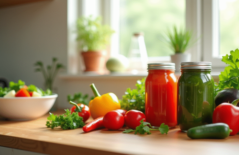 Légumes en conserve colorés sur un plan de travail lumineux