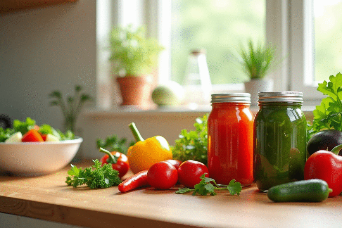 Légumes en conserve colorés sur un plan de travail lumineux