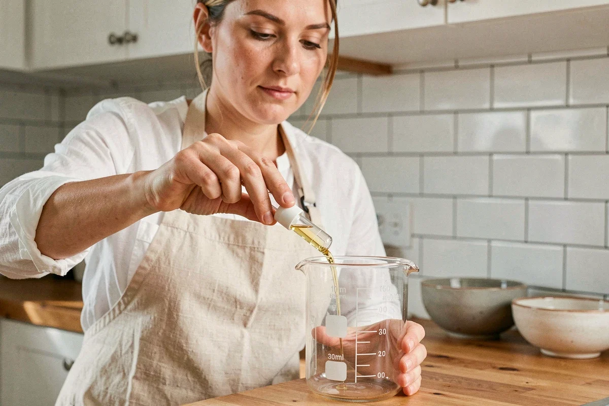 Femme versant 10 ml de liquide dans un verre doseur gradué en centilitres dans une cuisine