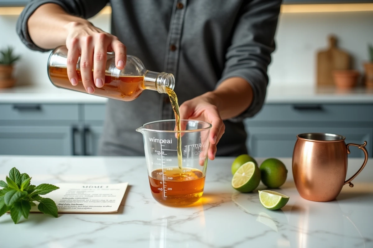 Personne préparant un cocktail maison avec un verre doseur gradué en centilitres et millilitres sur un plan de travail en marbre