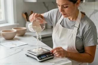 Femme versant de la farine dans une balance de cuisine numérique pour convertir grammes et millilitres en cuisine