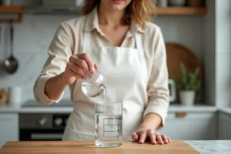 Femme versant un liquide d'une fiole graduée de 10 ml dans un cylindre gradué en cl sur un plan de travail en marbre