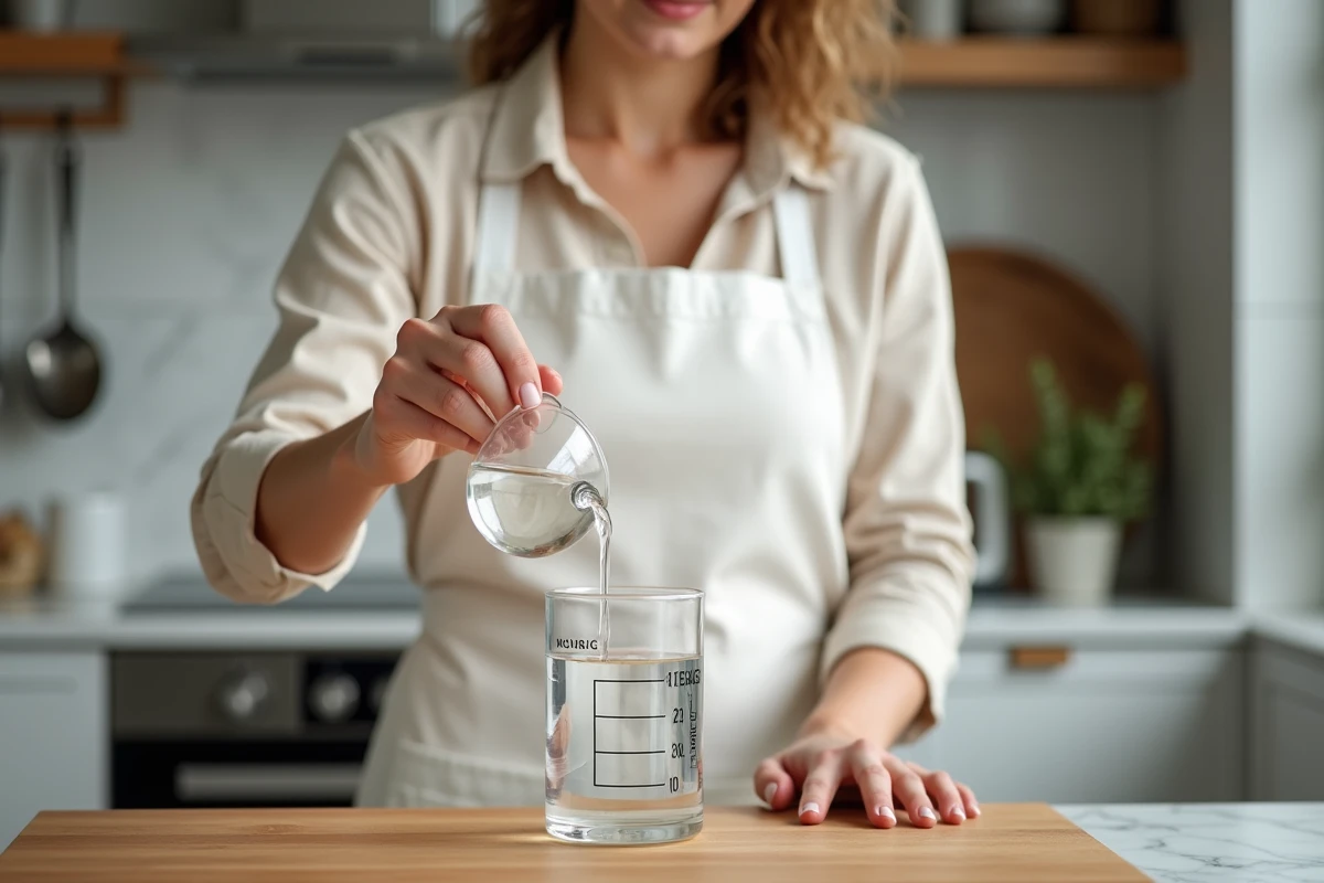 Femme versant un liquide d'une fiole graduée de 10 ml dans un cylindre gradué en cl sur un plan de travail en marbre