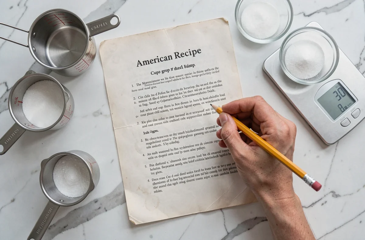 Vue aérienne d'une recette américaine annotée avec des tasses à mesurer et une balance numérique affichant des grammes sur un plan de travail en marbre