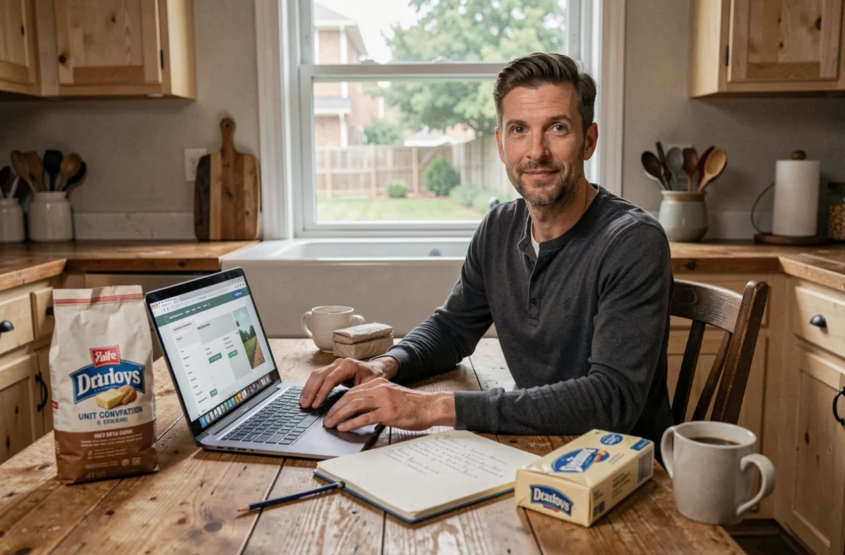 Homme utilisant un convertisseur de poids en ligne pour adapter une recette américaine avec des ingrédients de boulangerie sur une table en bois