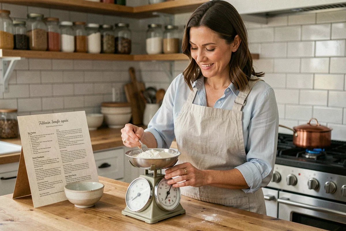 Femme mesurant de la farine sur une balance de cuisine vintage avec une recette américaine, dans une cuisine moderne rustique