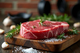 Côte de bœuf marbré sur billot en bois avec romarin et sel de mer pour un steak California tendre