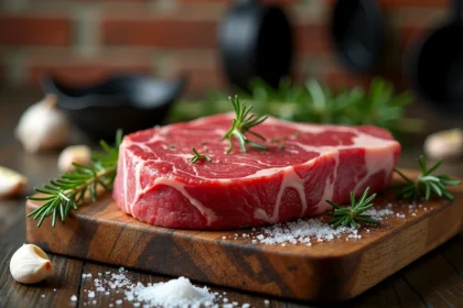 Côte de bœuf marbré sur billot en bois avec romarin et sel de mer pour un steak California tendre