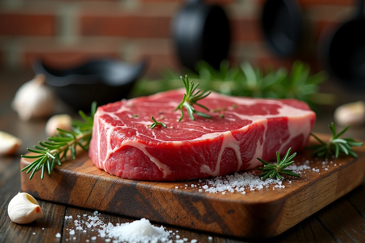 Côte de bœuf marbré sur billot en bois avec romarin et sel de mer pour un steak California tendre