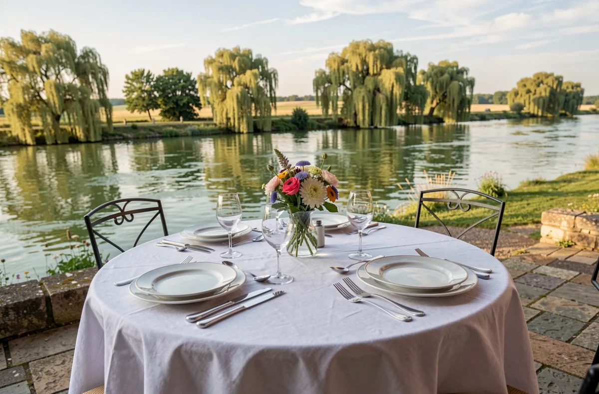 Table dressée sur la terrasse gastronomique de La Côte Saint-Jacques à Joigny avec vue sur la rivière Yonne et paysage de saules en arrière-plan
