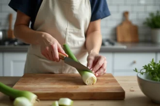 Femme débutante en cuisine qui coupe les poireaux avec un petit couteau d'office sur une planche en bois