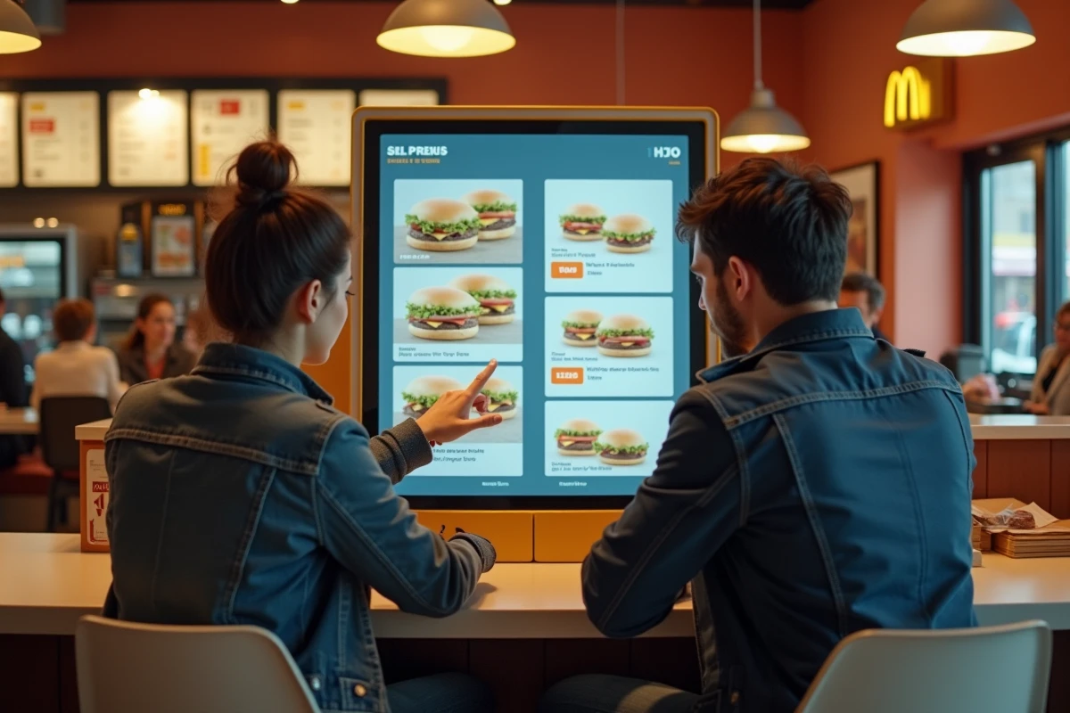 Couple utilisant la borne interactive pour comparer les prix des menus McDonald's