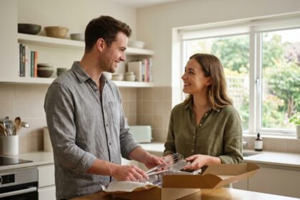 Jeune couple cuisine ensemble dans une cuisine moderne