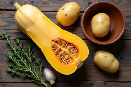 Courge longue de Nice coupée en deux et pommes de terre sur une table en bois rustique, vue du dessus