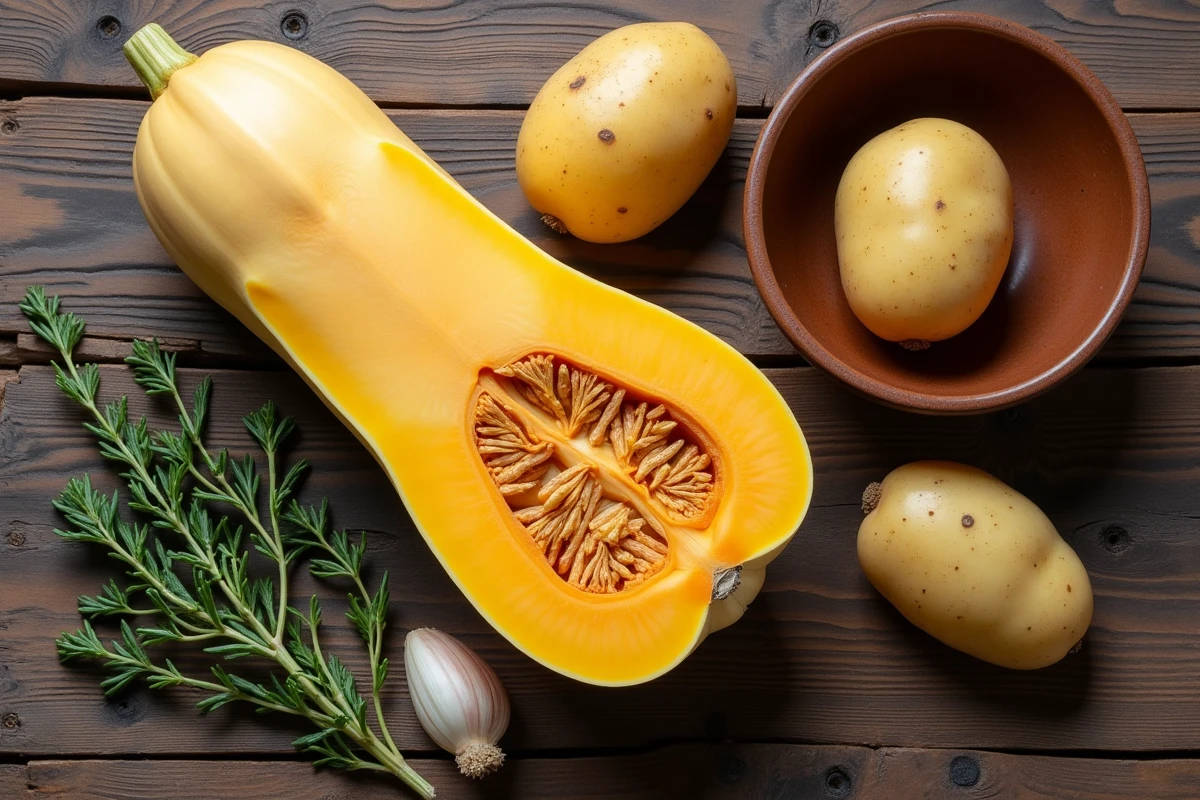 Courge longue de Nice coupée en deux et pommes de terre sur une table en bois rustique, vue du dessus