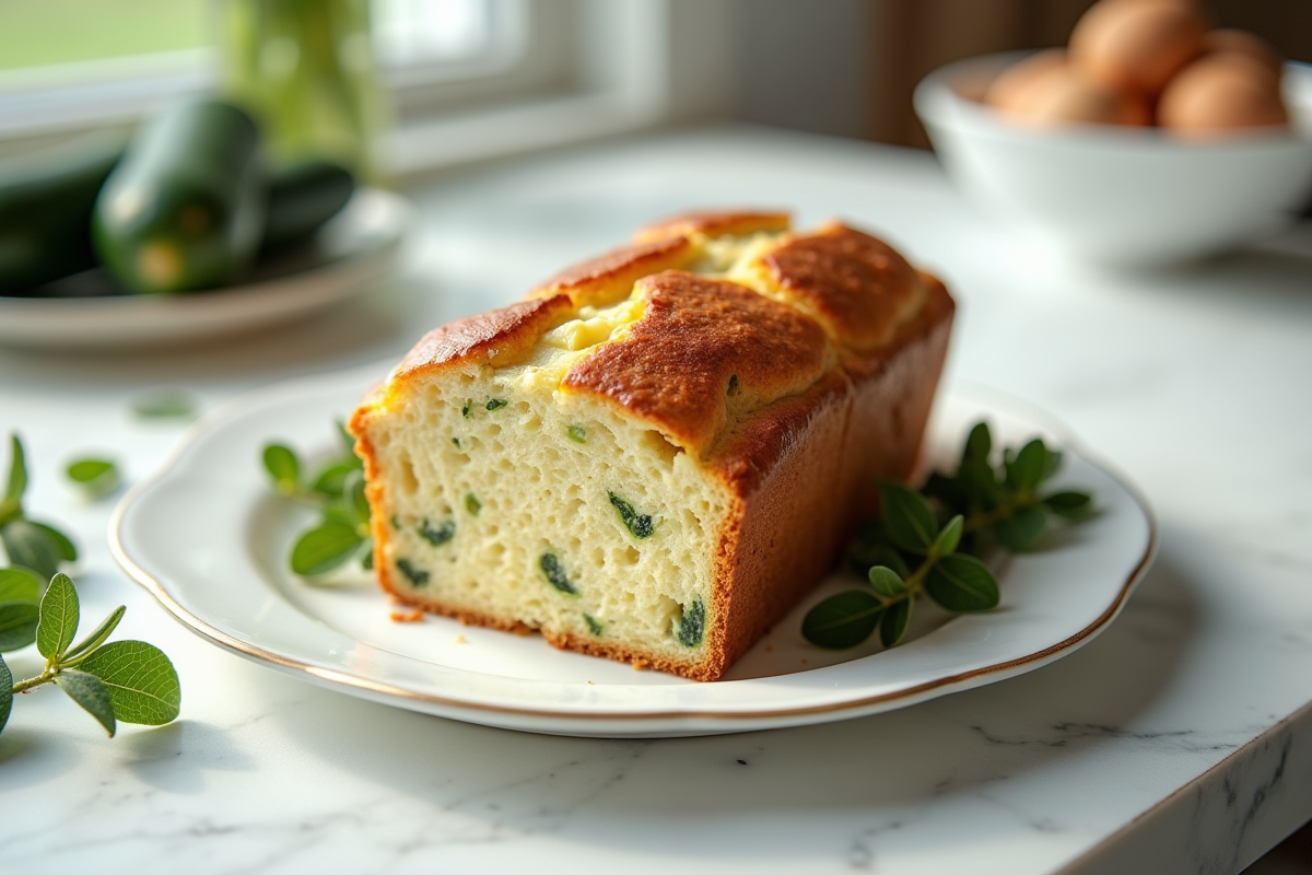 Courgette et gâteau au chèvre entier sur assiette blanche