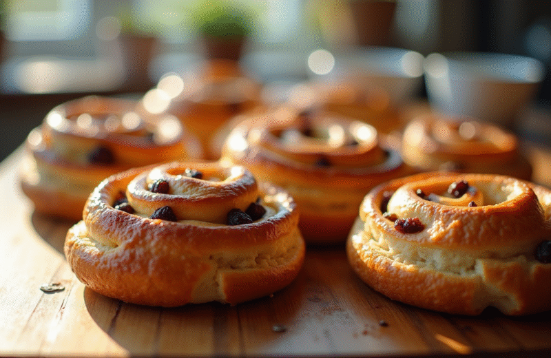 Croissants aux raisins dorés sur un plan de travail en bois