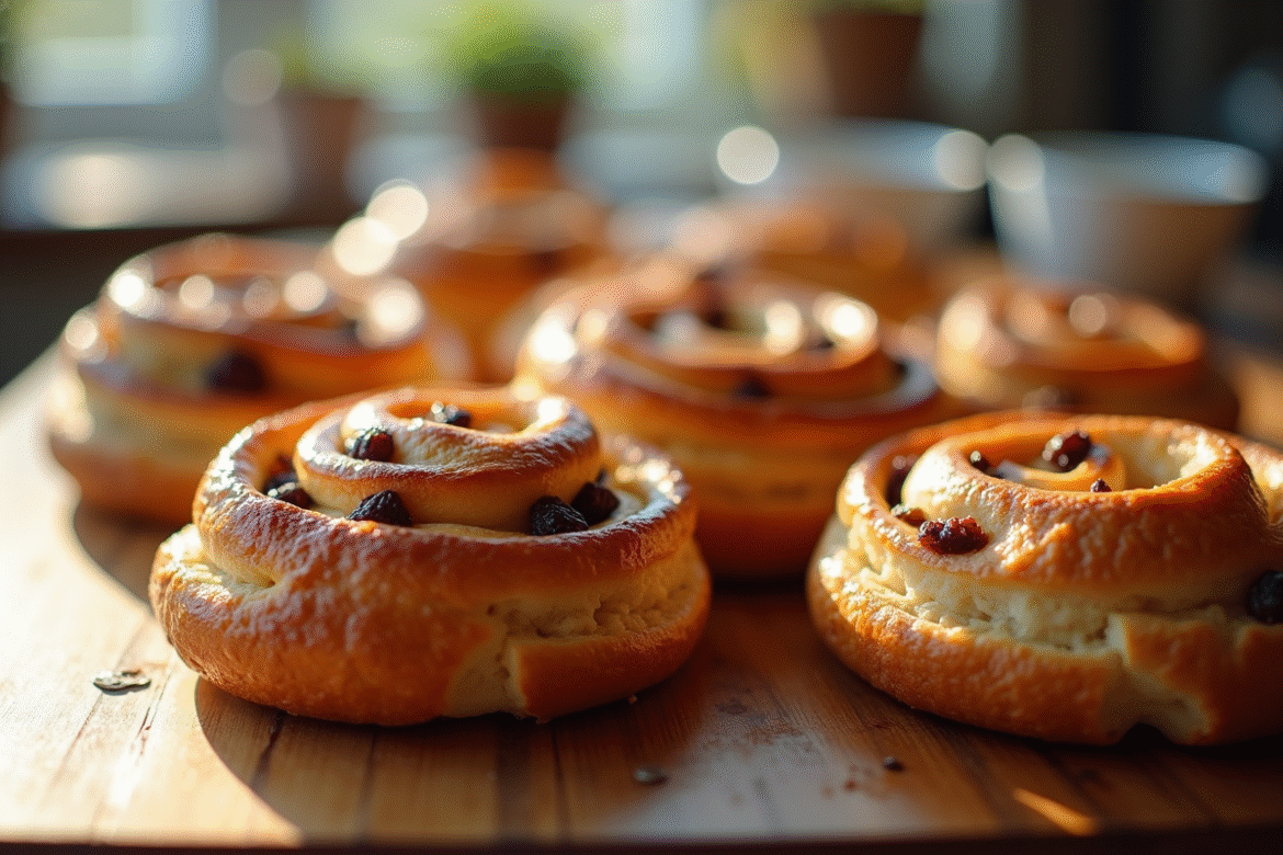 Croissants aux raisins dorés sur un plan de travail en bois