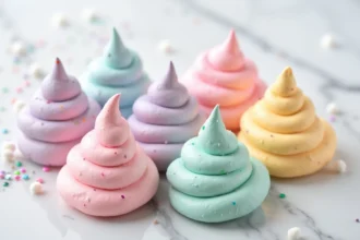 Crottes de licorne en meringue multicolores aux couleurs pastel sur marbre blanc, décorées de paillettes comestibles