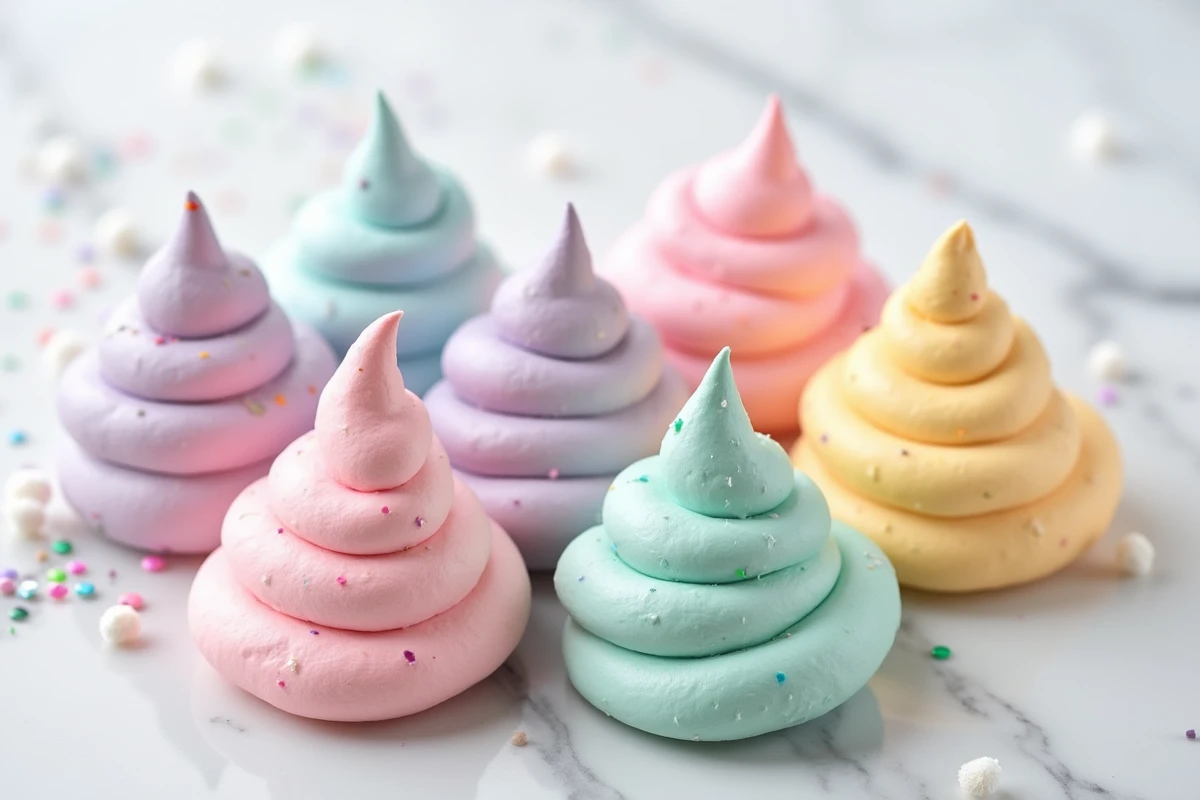 Crottes de licorne en meringue multicolores aux couleurs pastel sur marbre blanc, décorées de paillettes comestibles