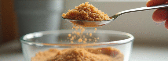 Cuillère en métal mesurant du sucre brun en cuisine lumineuse