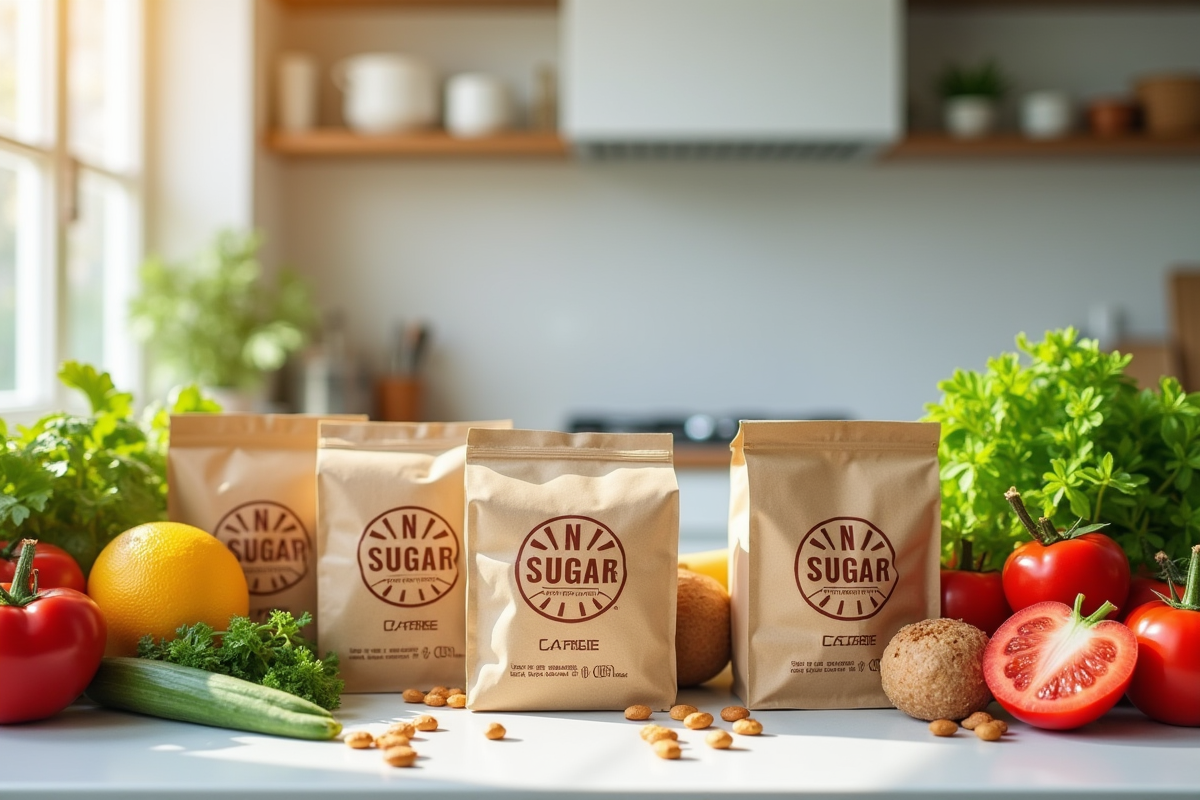 Espace cuisine avec aliments sans sucre et produits frais