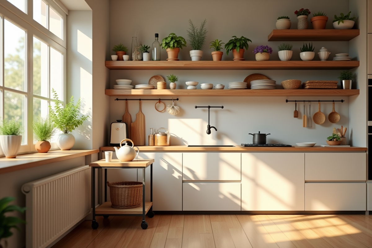 Cuisine chaleureuse avec étagères en bois et bouilloire