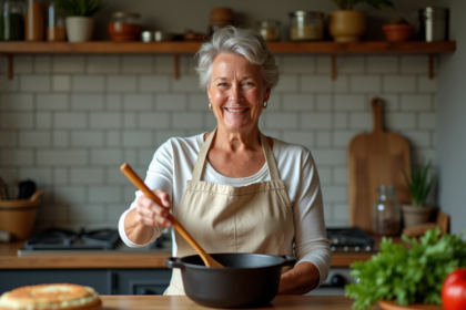 Femme en cuisine rustique en train de remuer un plat en fonte