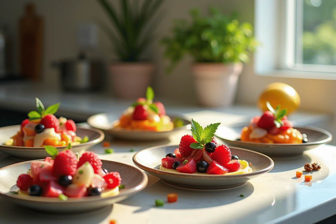 Cuisine avec cinq plats innovants aux fruits R