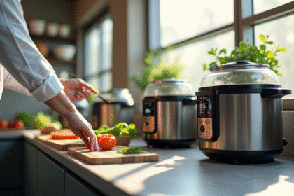 Cuisine moderne avec robots multicooker 2025 et chef préparant des légumes