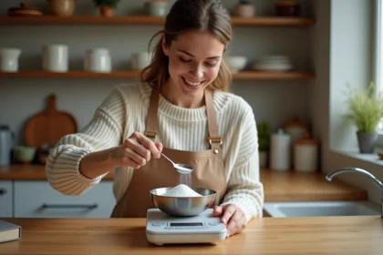 Femme versant du sucre sur une balance de cuisine