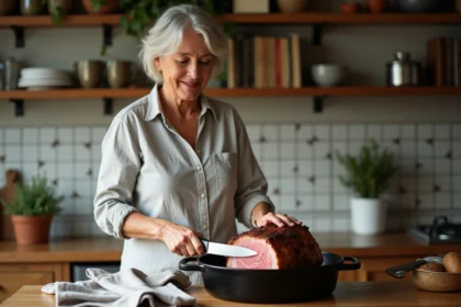 Femme coupant un rôti de porc dans une cuisine chaleureuse