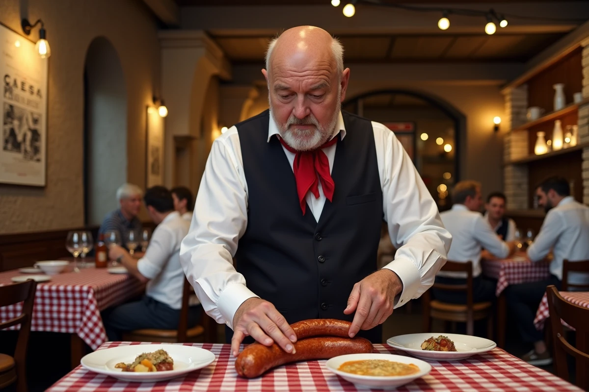 Homme français préparant une saucisse lyonnaise dans un bouchon