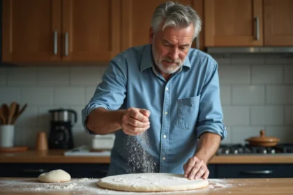 Homme d'âge moyen saupoudrant de la farine sur une pierre à pizza dans la cuisine