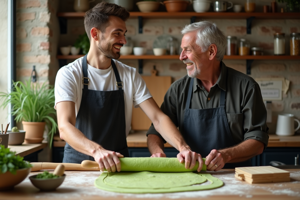 Jeune homme roulant de la pâte verte avec un instructeur