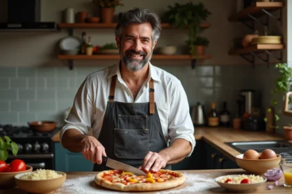 Homme souriant préparant une pizza maison dans une cuisine chaleureuse