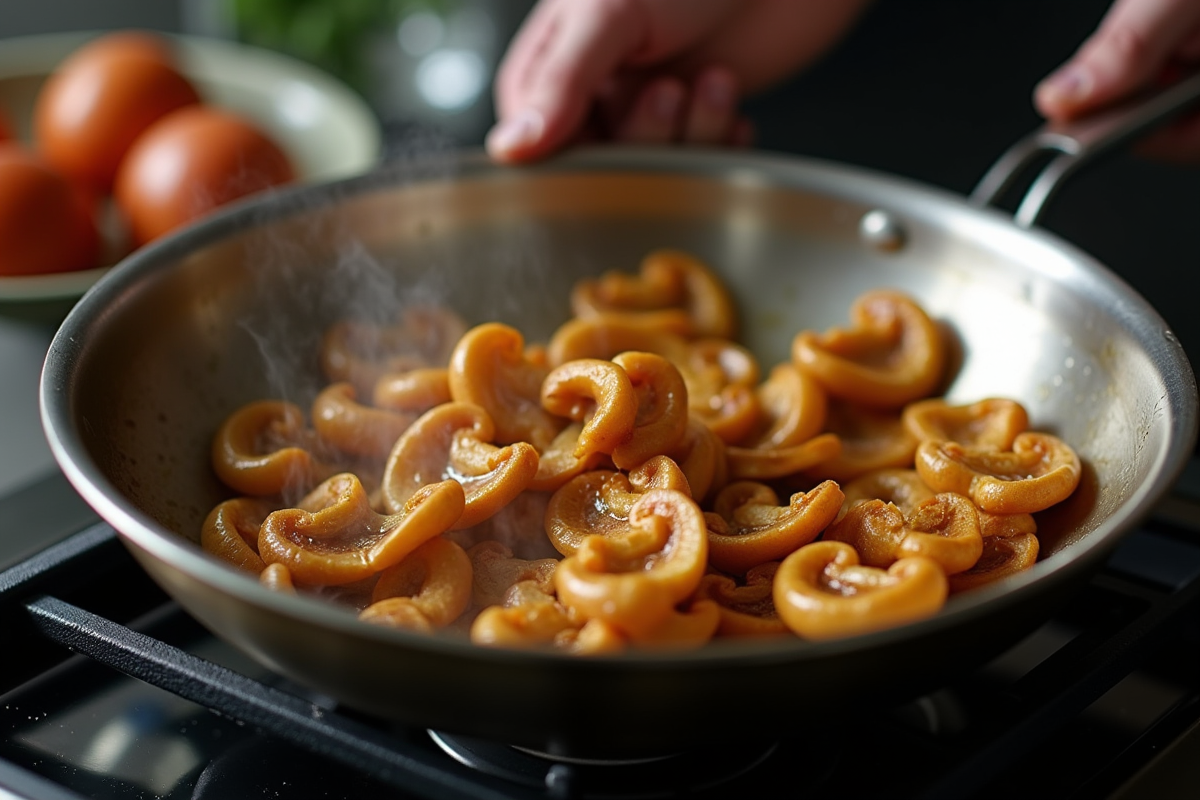 Cuisinier faisant sauter des chanterelles dans une poêle