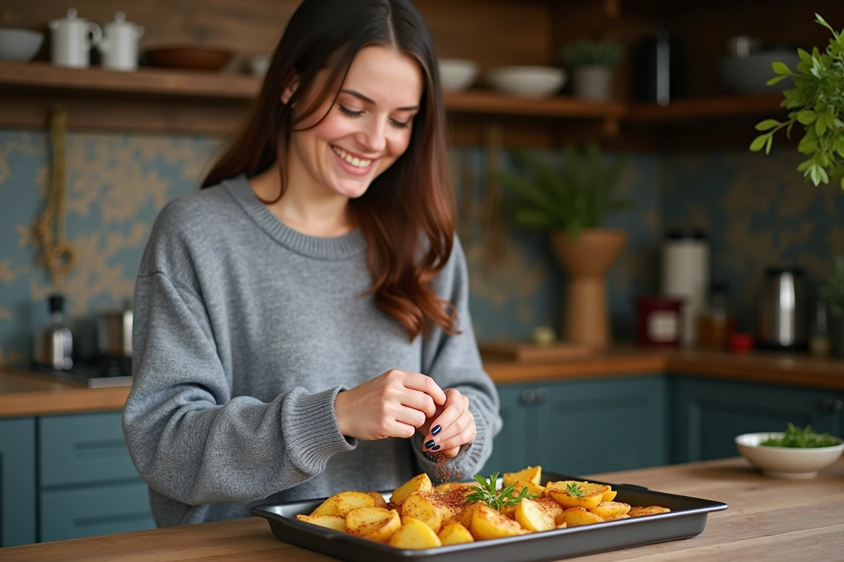 Femme saupoudrant paprika sur des pommes de terre crues