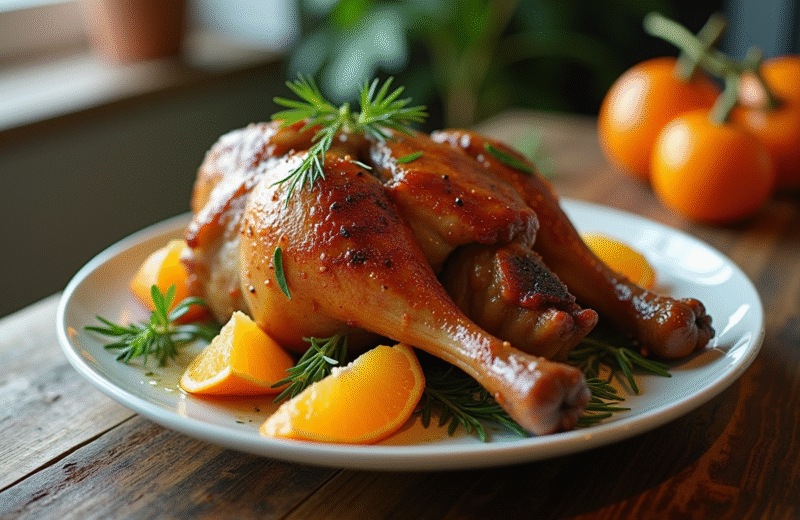 Cuisse de canard cuite avec peau croustillante sur une assiette blanche