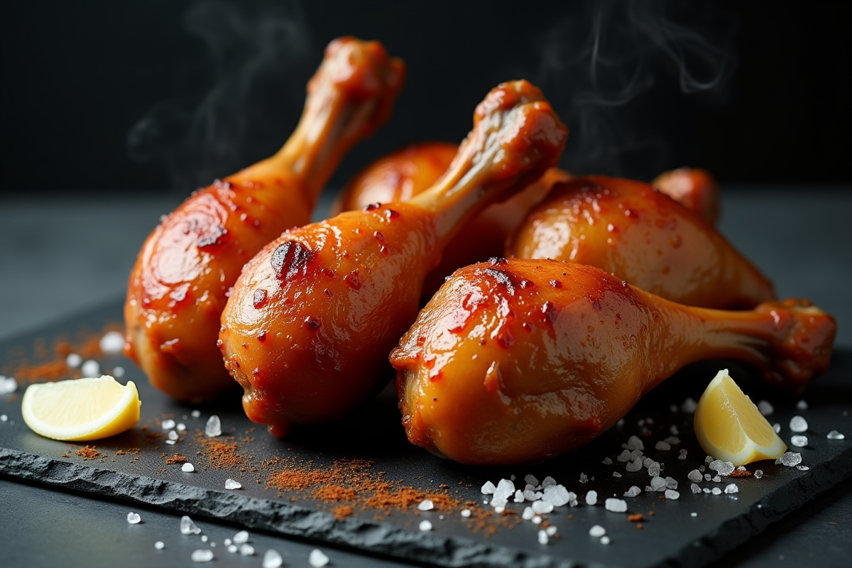Cuisses de canard juteuses sorties de la friteuse à air avec épices et ail