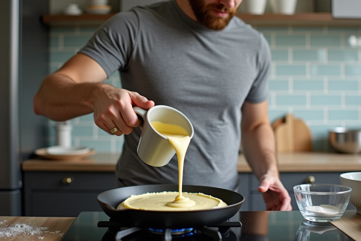 Homme versant une pâte à crêpes fluide dans une poêle chaude sur une cuisinière à gaz dans une cuisine parisienne moderne