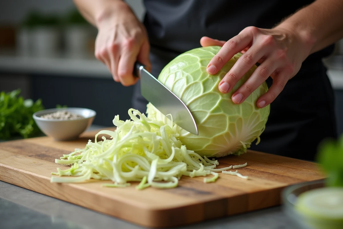 Gros plan sur des mains de cuisinier découpant un chou vert en fines lamelles sur une planche en bois avec du sel et du poivre