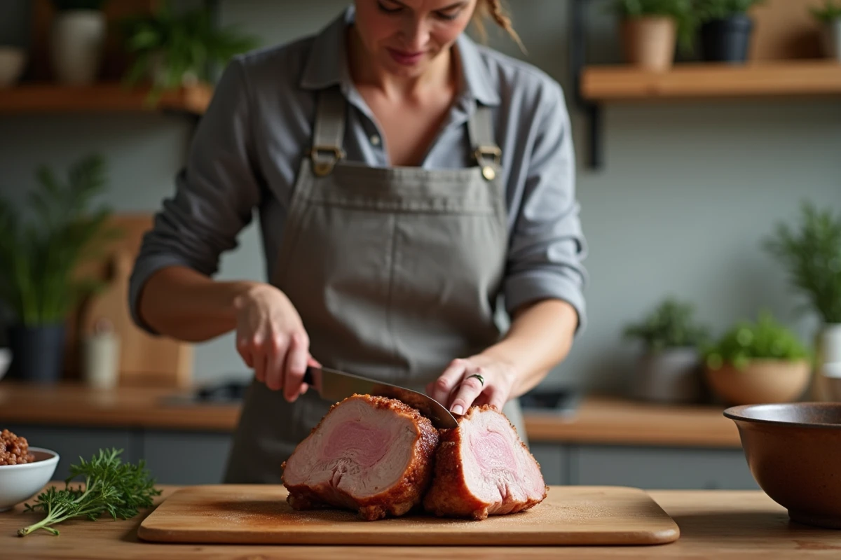 Femme découpant un rôti de porc cuit à l'airfryer, révélant un intérieur tendre et juteux sur une planche à découper