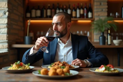 Homme dégustant un vin rouge avec plats egyptiens authentiques