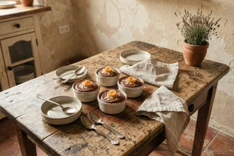 Desserts espagnols sans cuisson dans des ramequins en céramique sur une table en chêne rustique avec des amandes concassées et poudre de cacao