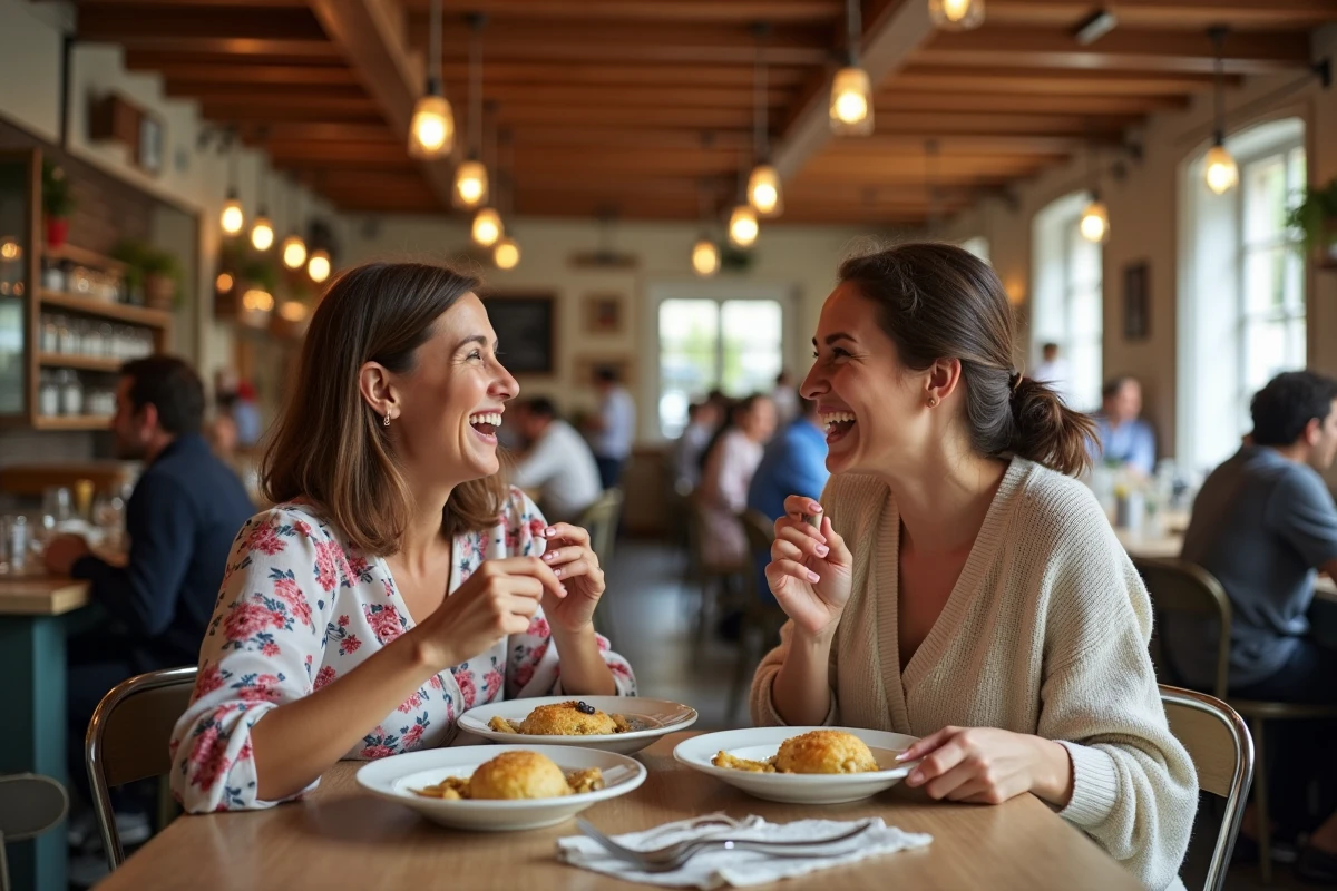 Deux femmes partageant un repas de quenelles dans un bouchon